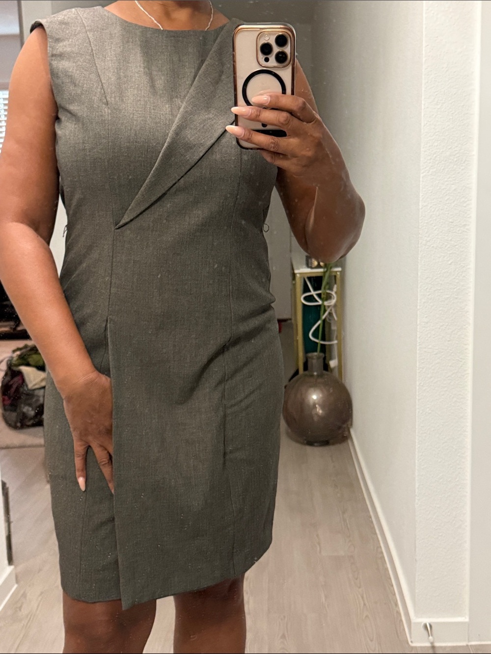 Calvin Klein Olive Gray Sheath Dress with Asymmetric Front Detail